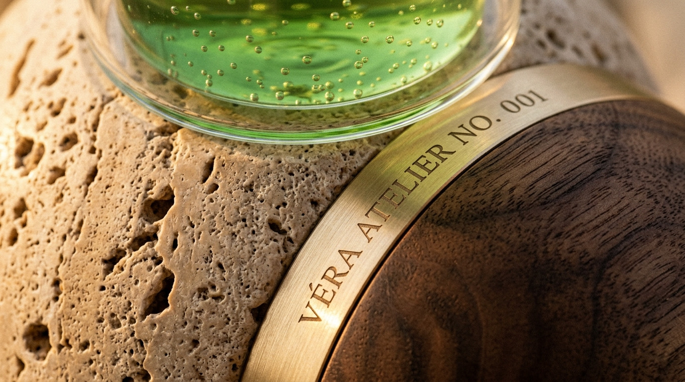 Brass collar engraved VÉRA ATELIER NO. 001 above the travertine