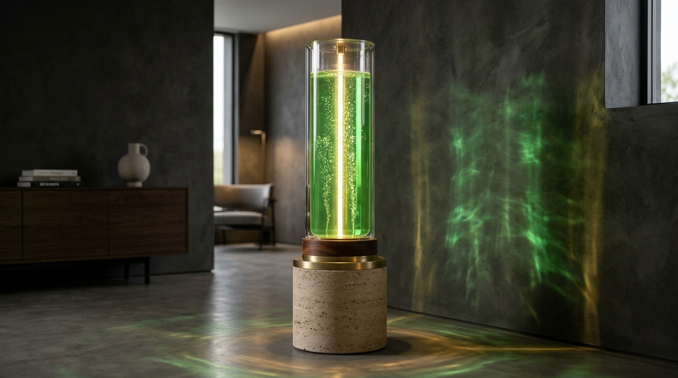 VÉRA in a living space, casting green and amber caustics across the wall