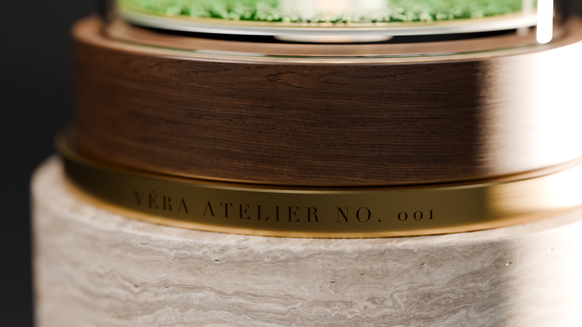 Detail of the brass collar, American walnut neck and travertine plinth